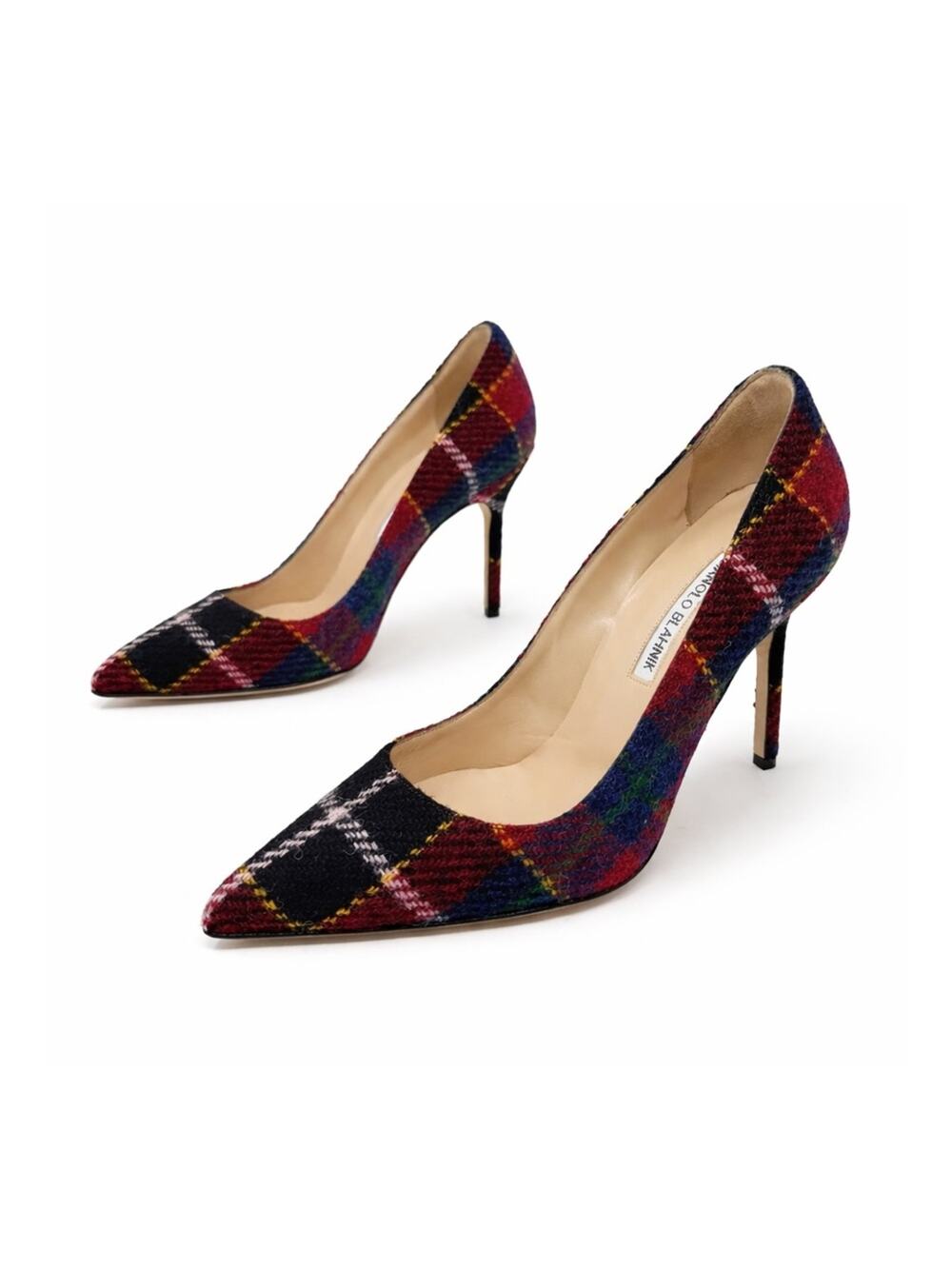 Manolo Blahnik BB Check Wool Stiletto Heels Womens Size EU 37.5